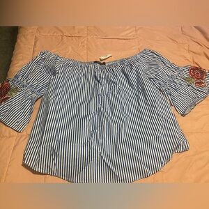 Off the shoulder blue and white striped blouse